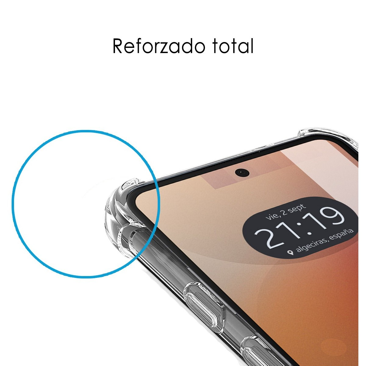 Un telefono con una custodia trasparente con le parole 'Reforzado total' scritte sopra.