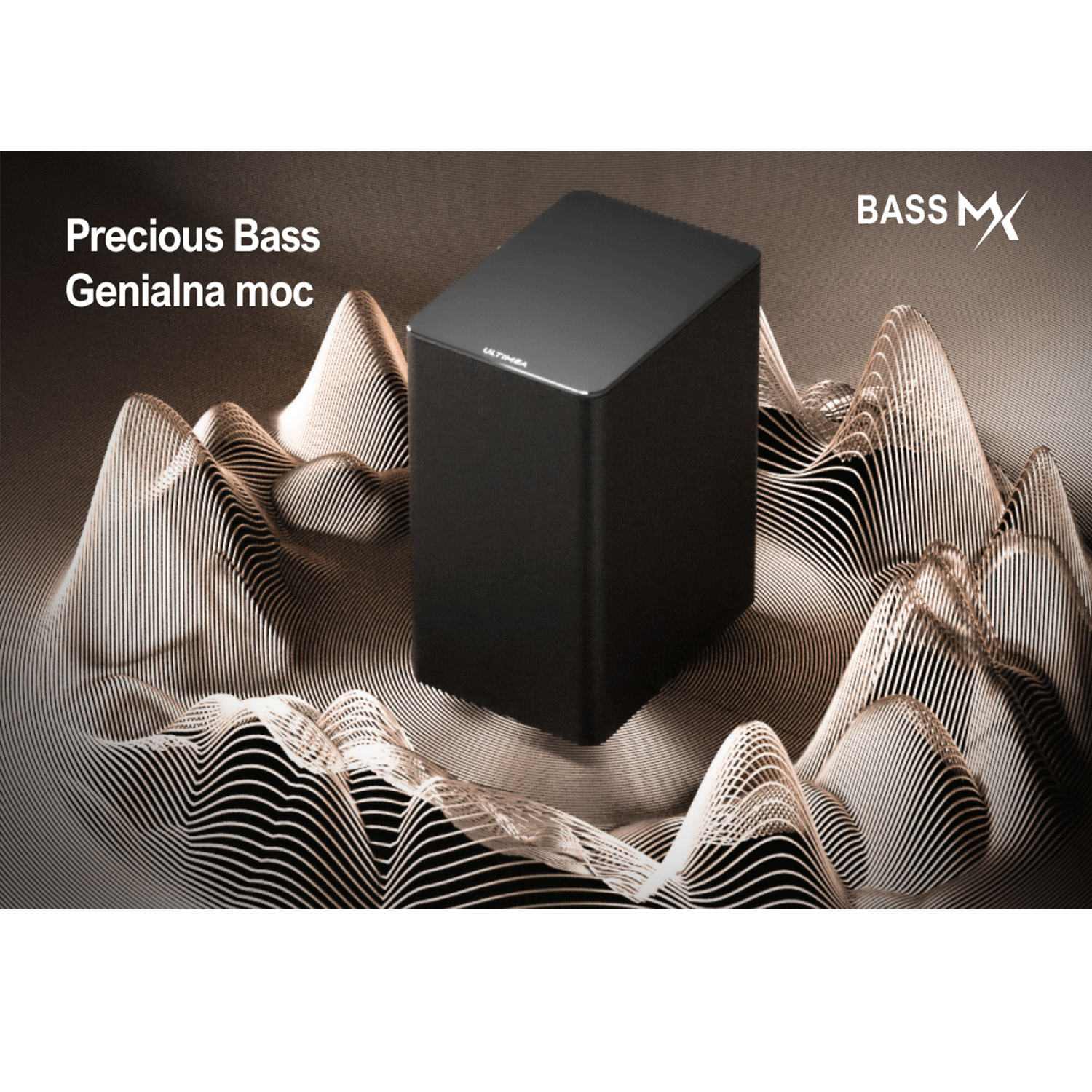 Czarny głośnik na brązowym tle z tekstem o 'Precious Bass'.