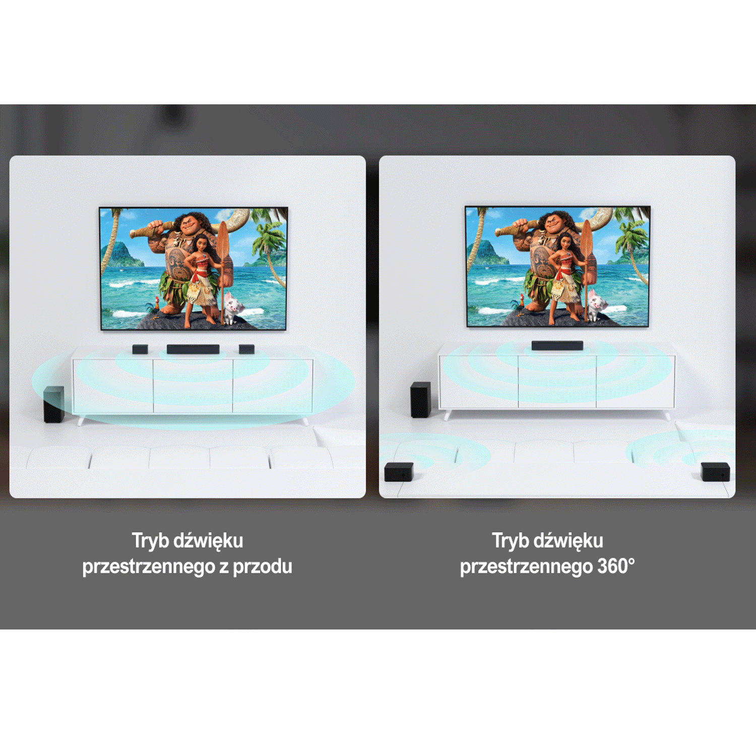 Dwa obrazy telewizora i głośników z tropikalną sceną na ekranie.