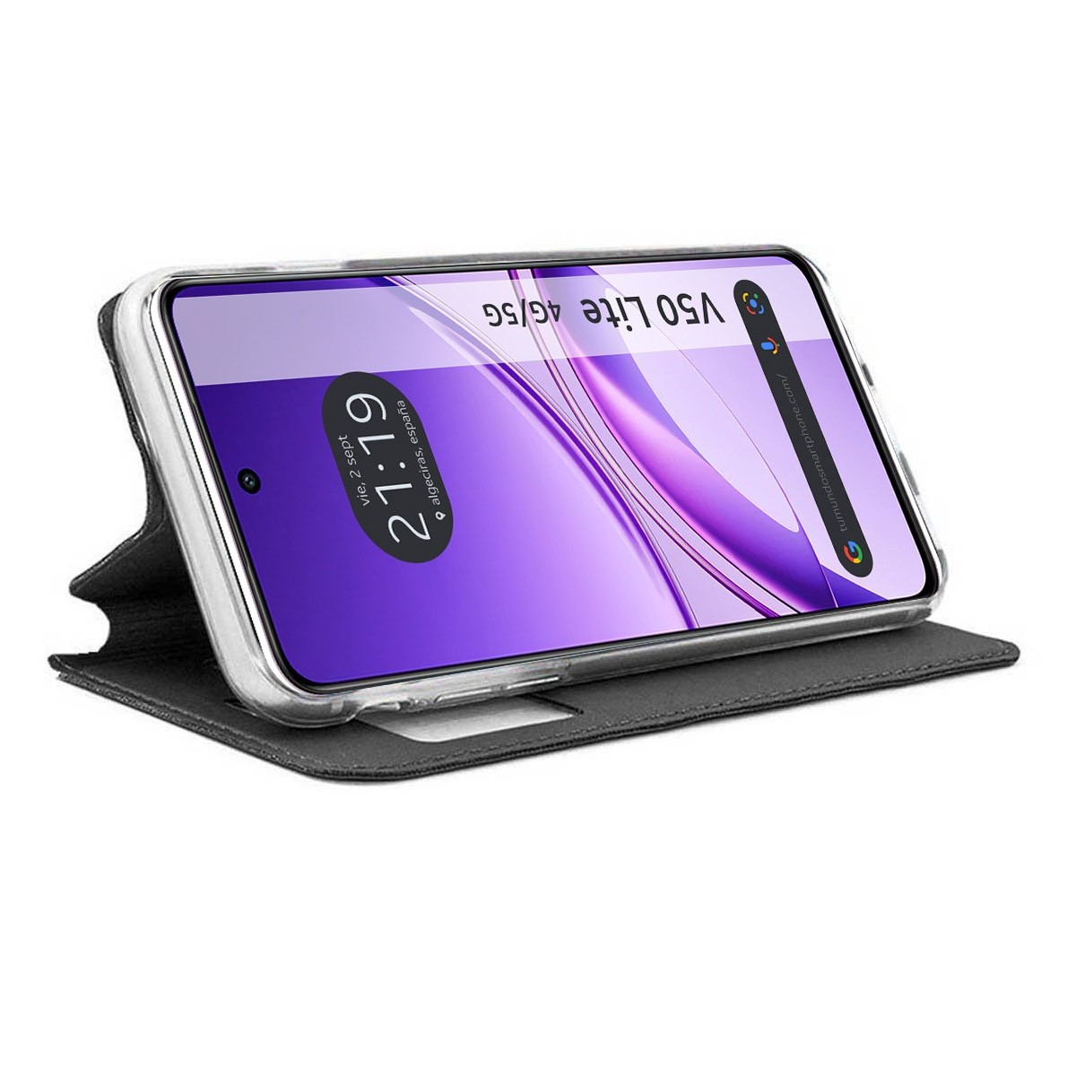 Uno smartphone in una custodia, che mostra una schermata di blocco con ora e data.