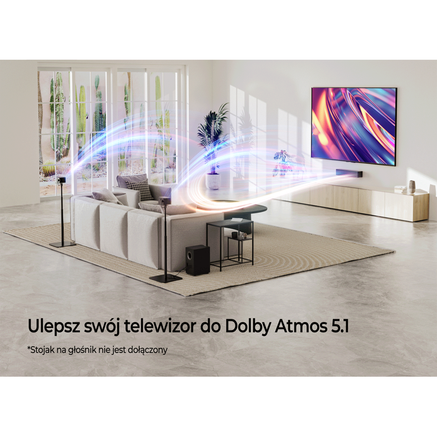 Salon z sofą, głośnikami i telewizorem. Fale dźwiękowe emanują z telewizora i głośników.