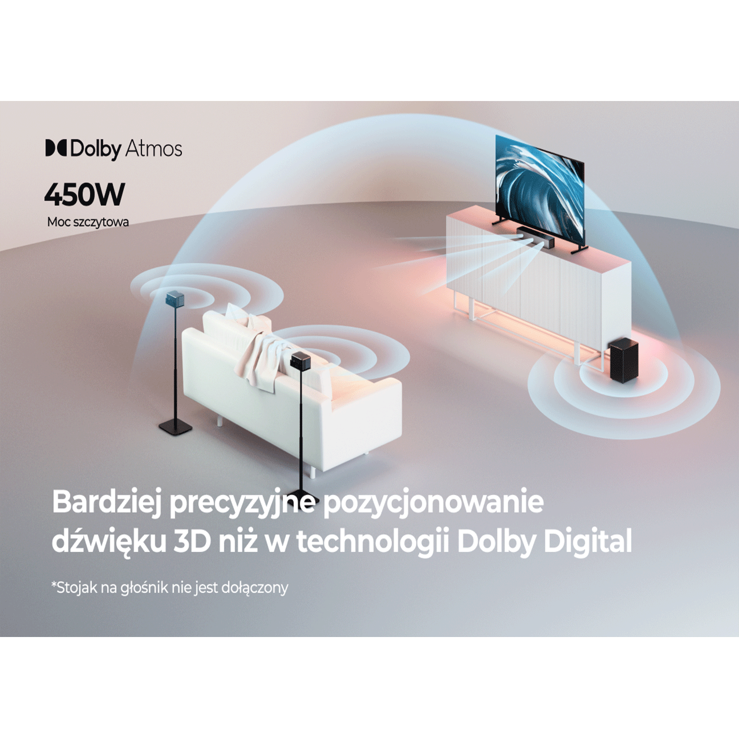 Salon z głośnikami, sofą, telewizorem i falami dźwiękowymi. Scena jest reklamą Dolby Atmos.