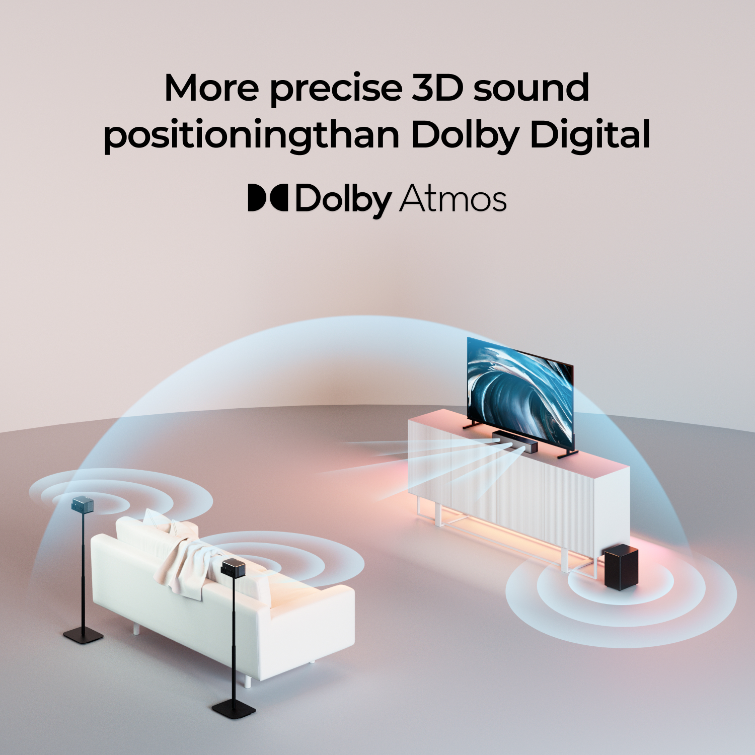 Salon z białą sofą, telewizorem i głośnikami. Obraz przedstawia fale dźwiękowe.