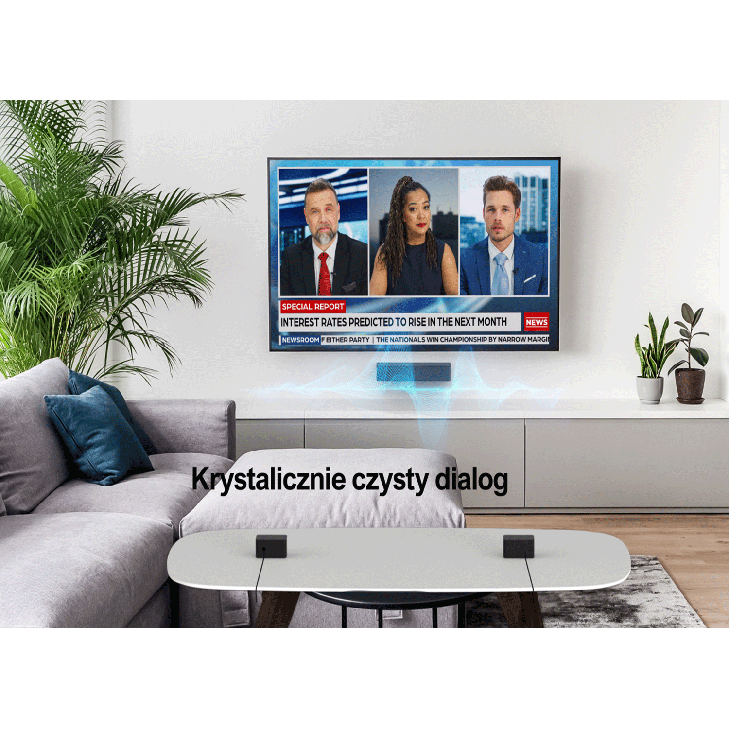 Salon z telewizorem z wiadomościami, szarą sofą i białym stołem z dwoma czarnymi pudełkami.