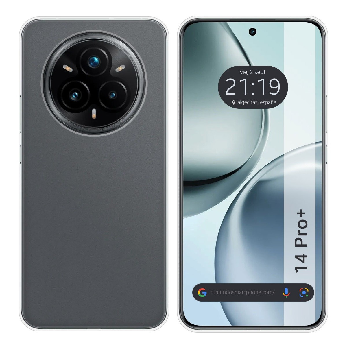 Uno smartphone con retro grigio e schermo che mostra data e ora.