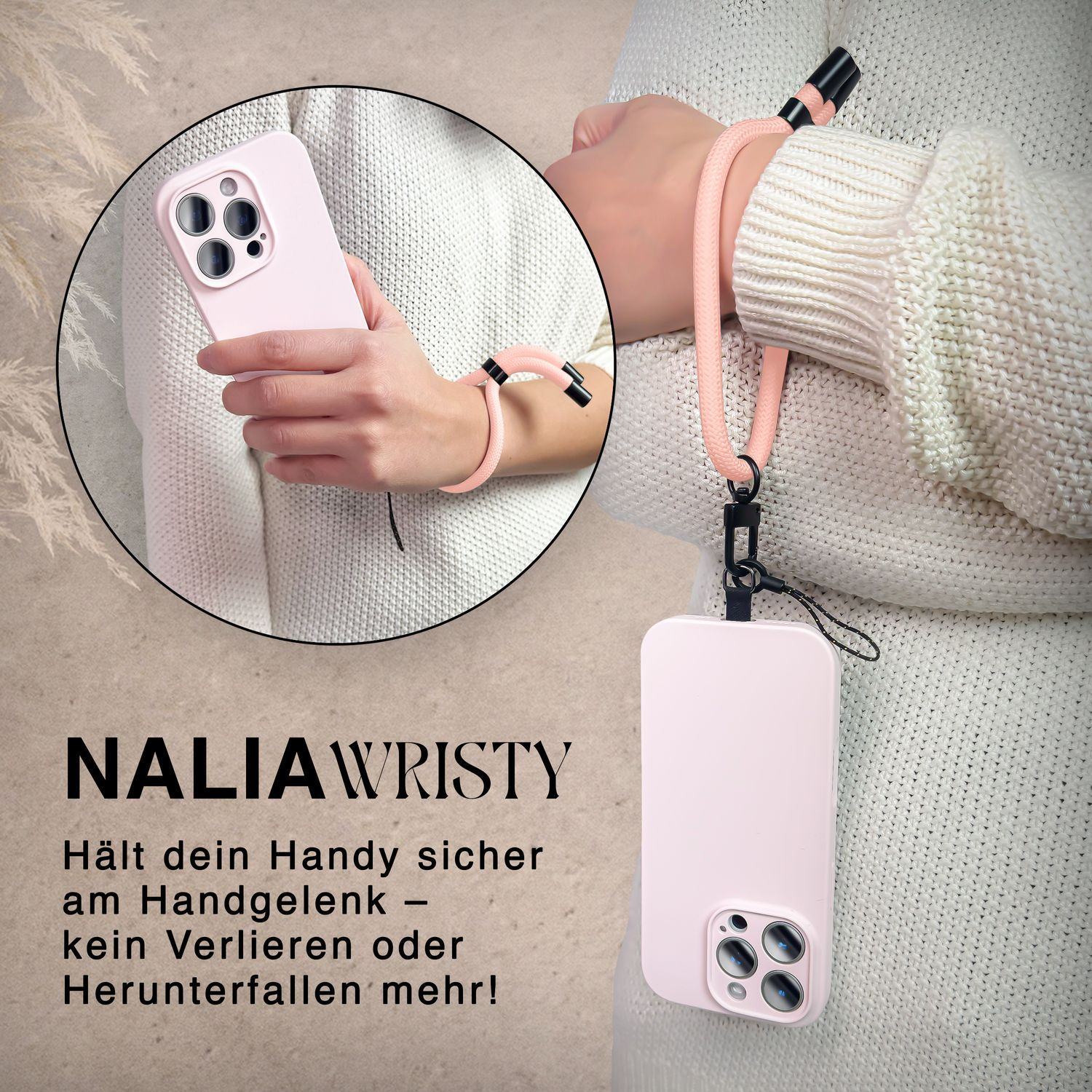 Die Hand einer Frau mit einem rosa Telefon und Riemen, und ein Telefon am Handgelenk.