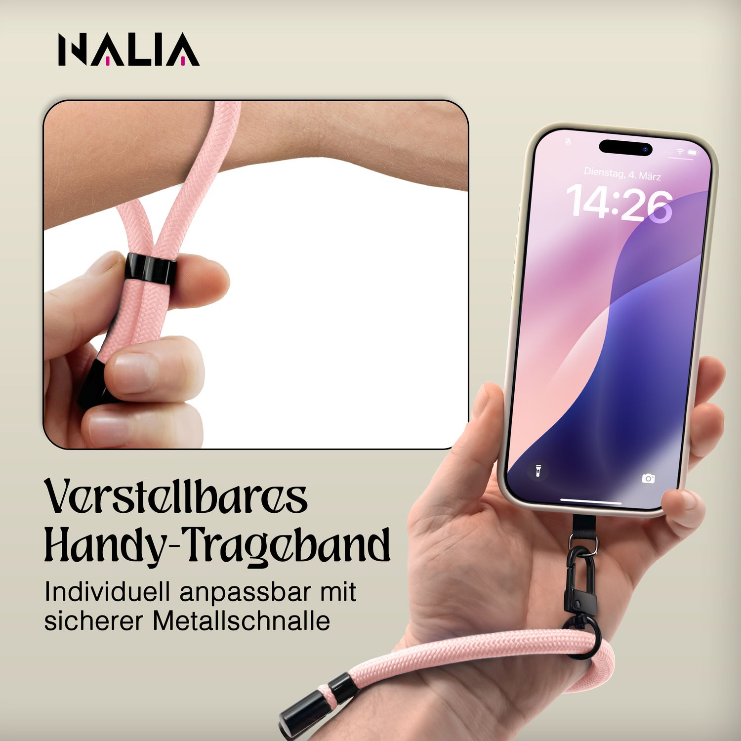 Rosa Handyschlaufe in der Hand. Ein Telefon wird in der anderen Hand gehalten.