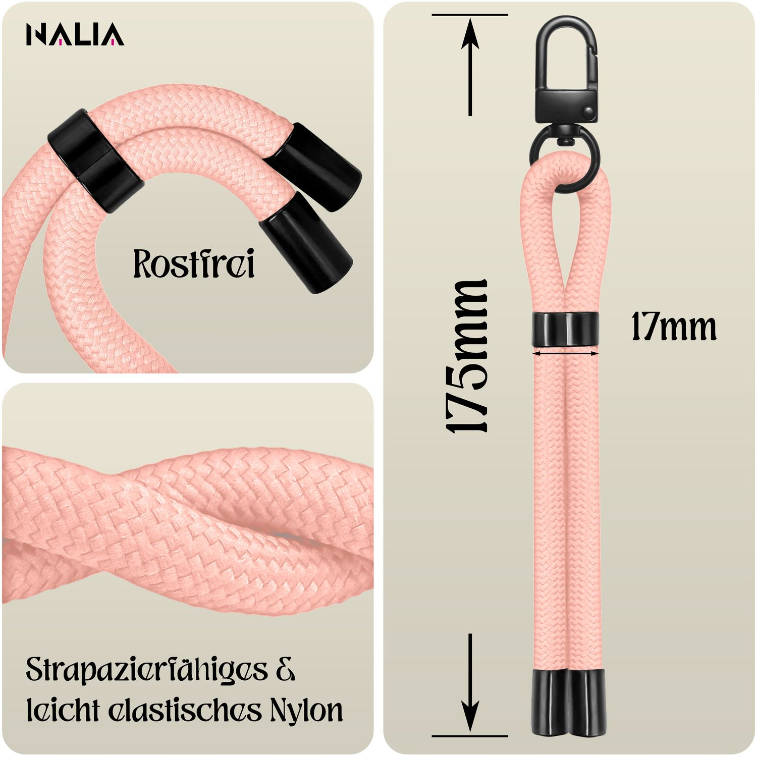 Nahaufnahme eines rosa Telefonbandes mit schwarzen Details. Es hat einen Karabiner und ist 175mm lang.