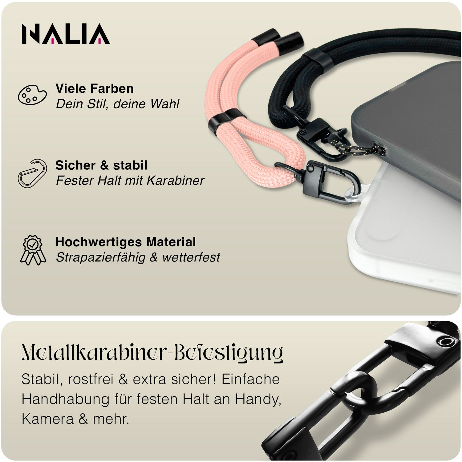 Bild zeigt ein Telefonband mit Karabiner und weiteren Details. Es enthält auch Text.