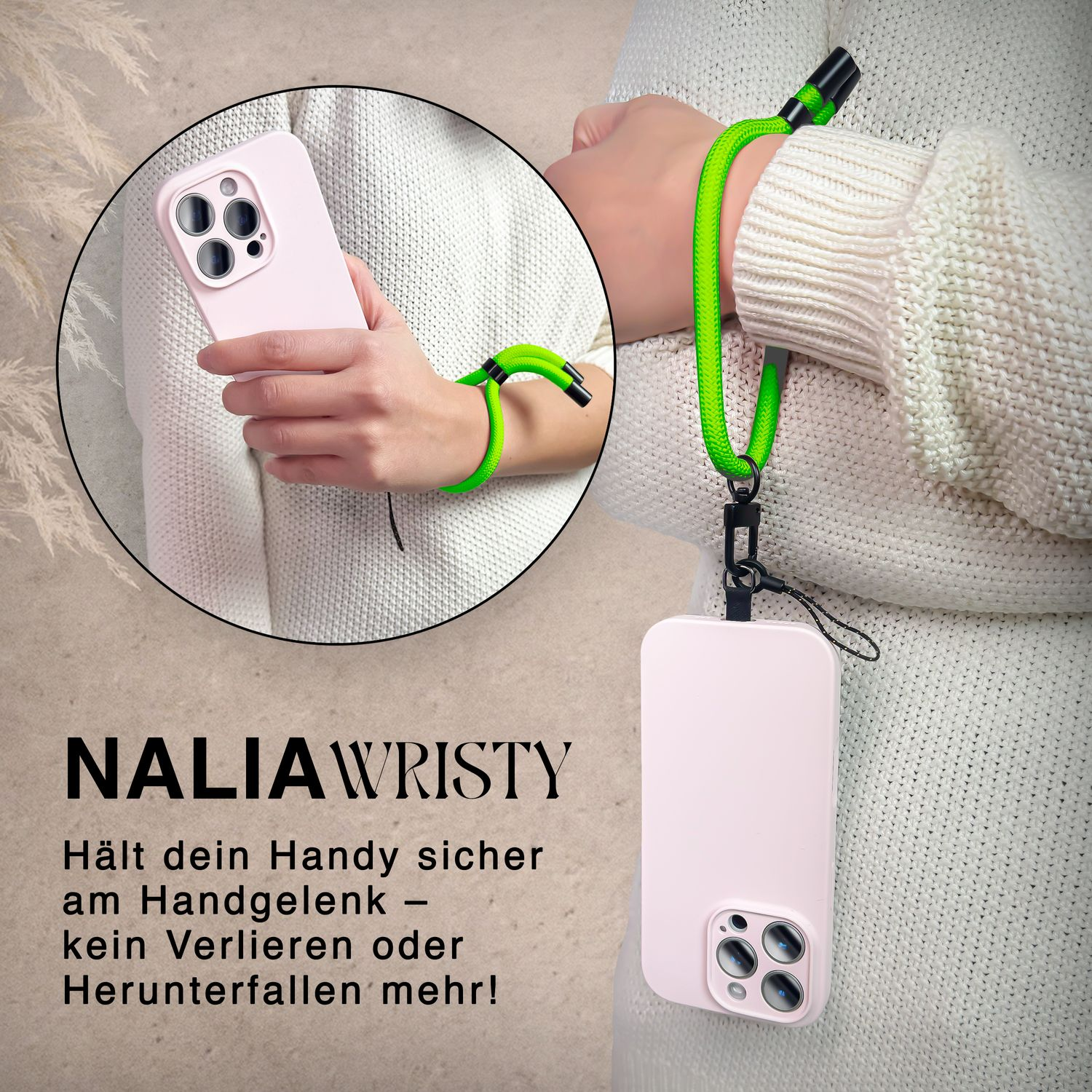 Eine Person hält ein pinkes Telefon mit grünem Handgelenkband. Das Telefon ist in einer Hülle.