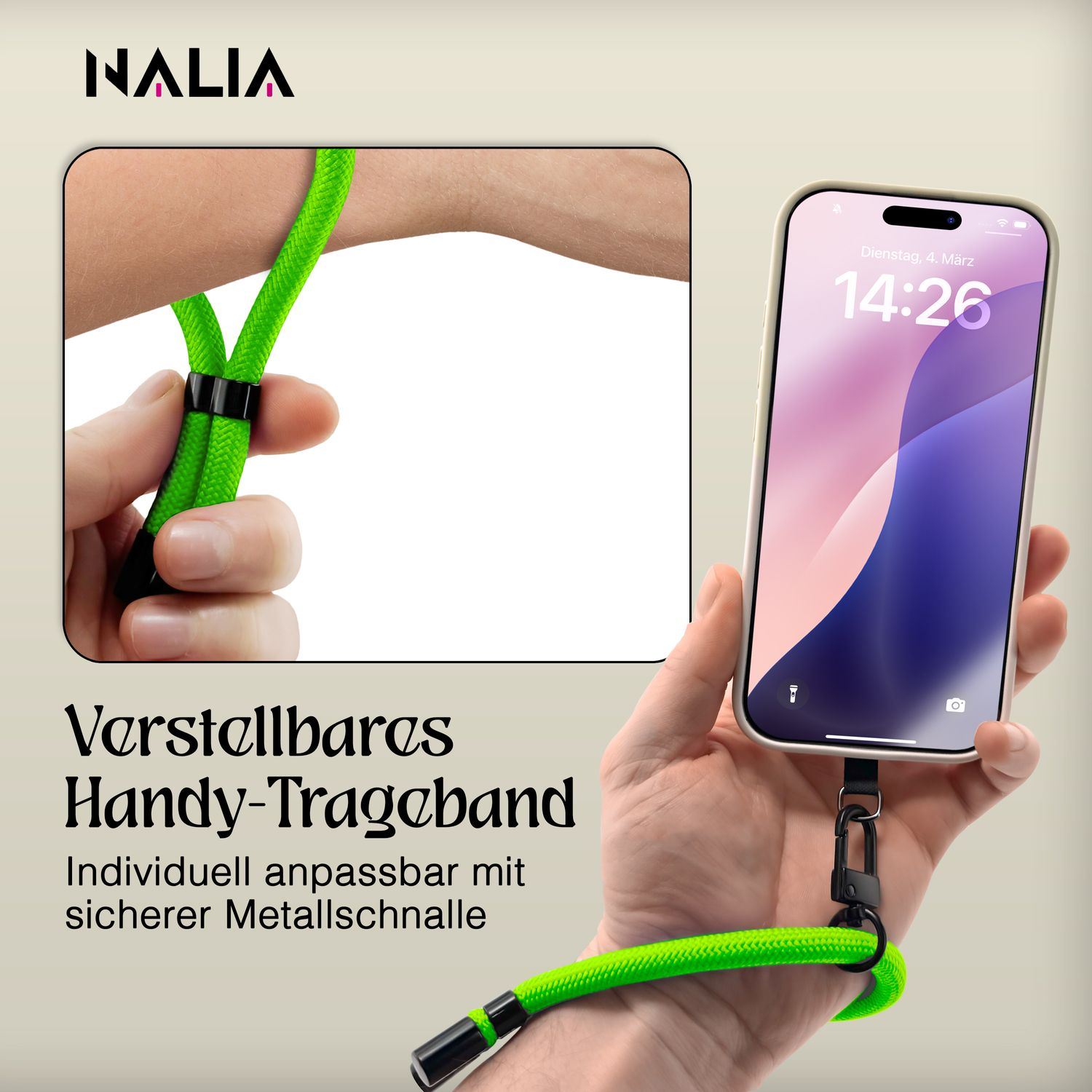 Eine Hand hält ein Telefon mit einem grünen Handgelenkband. Es hat einen Metallverschluss.