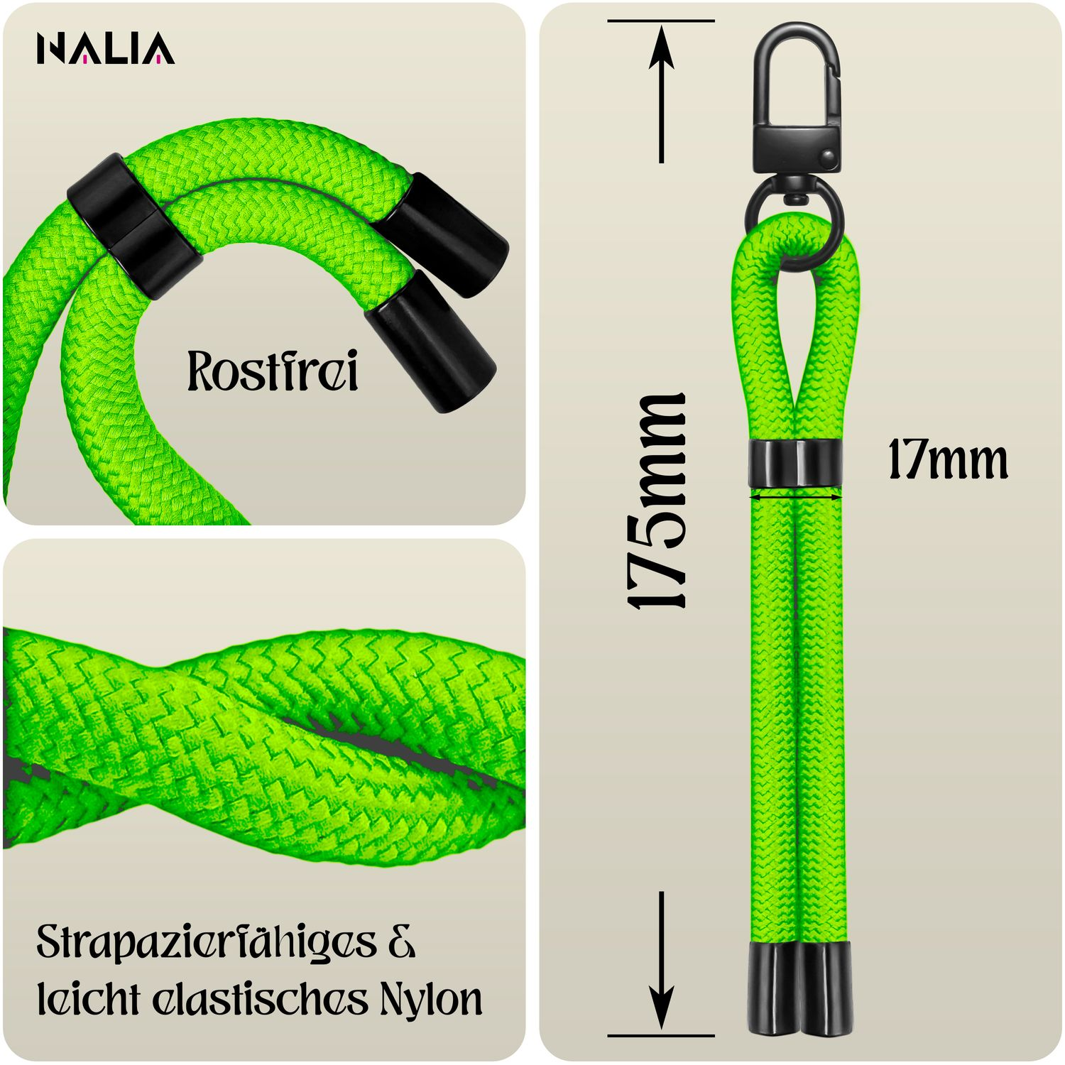 Nahaufnahmen eines grünen Telefon-Lanyards mit schwarzen Akzenten und Metallverschluss.