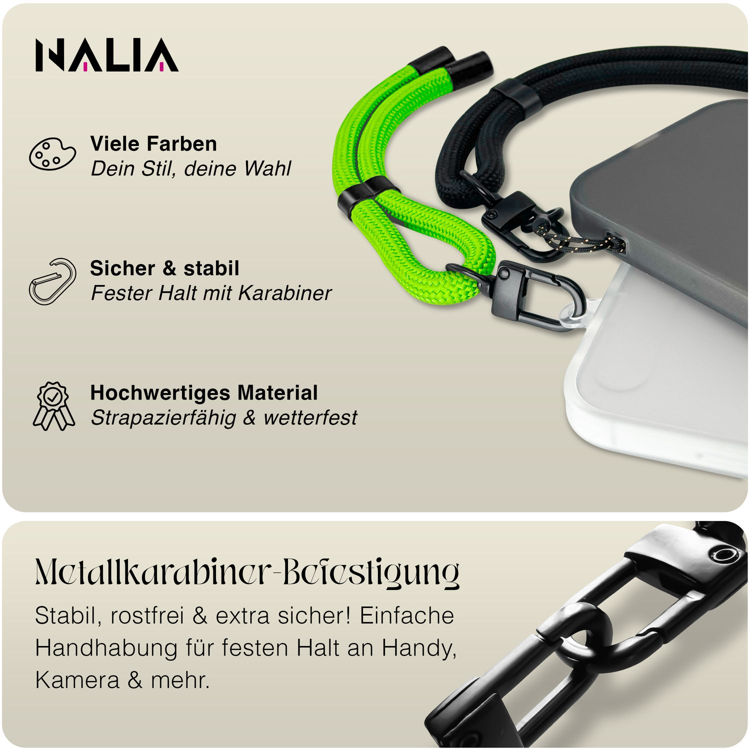 Produktbilder von Telefon, Lanyard und Text: 'Sicher & stabil', 'Hochwertig'.