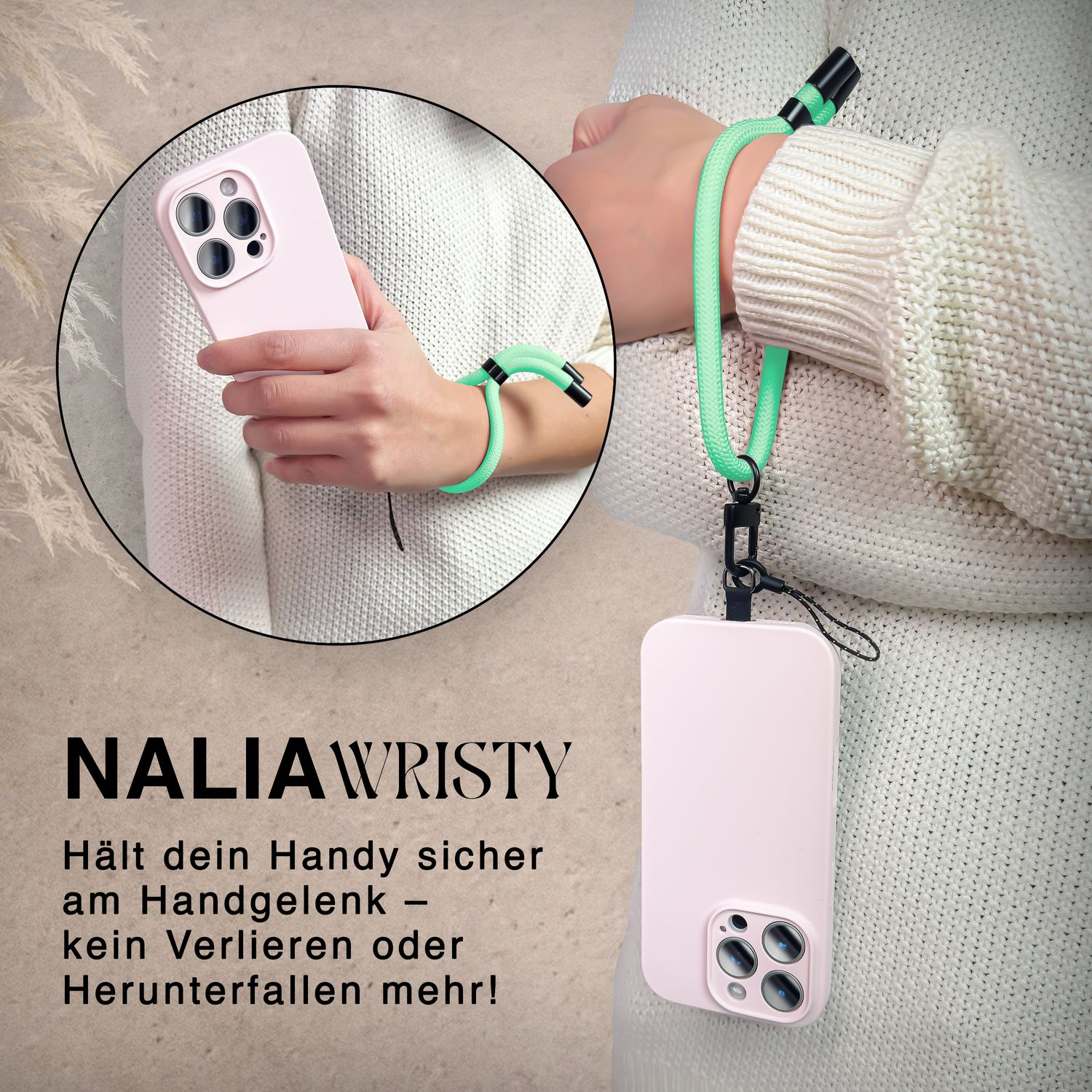 Person trägt Pullover und hält Handy mit Handgelenk-Lanyard, Text 'Nalia Wristy'.