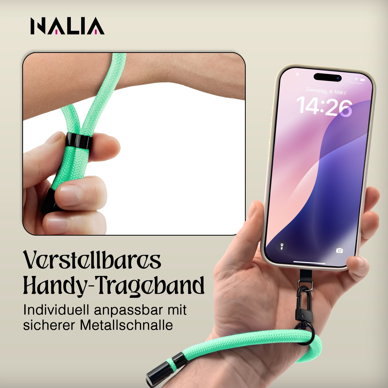 Person hält Telefon mit Lanyard, Text 'Verstellbares Handy-Trageband'.