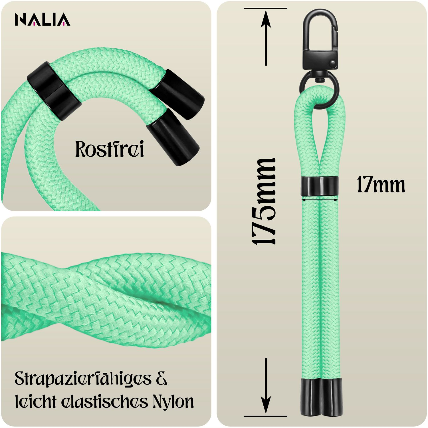 Nahaufnahmen eines hellgrünen Telefon-Lanyards mit schwarzen Akzenten und Metallverschluss.