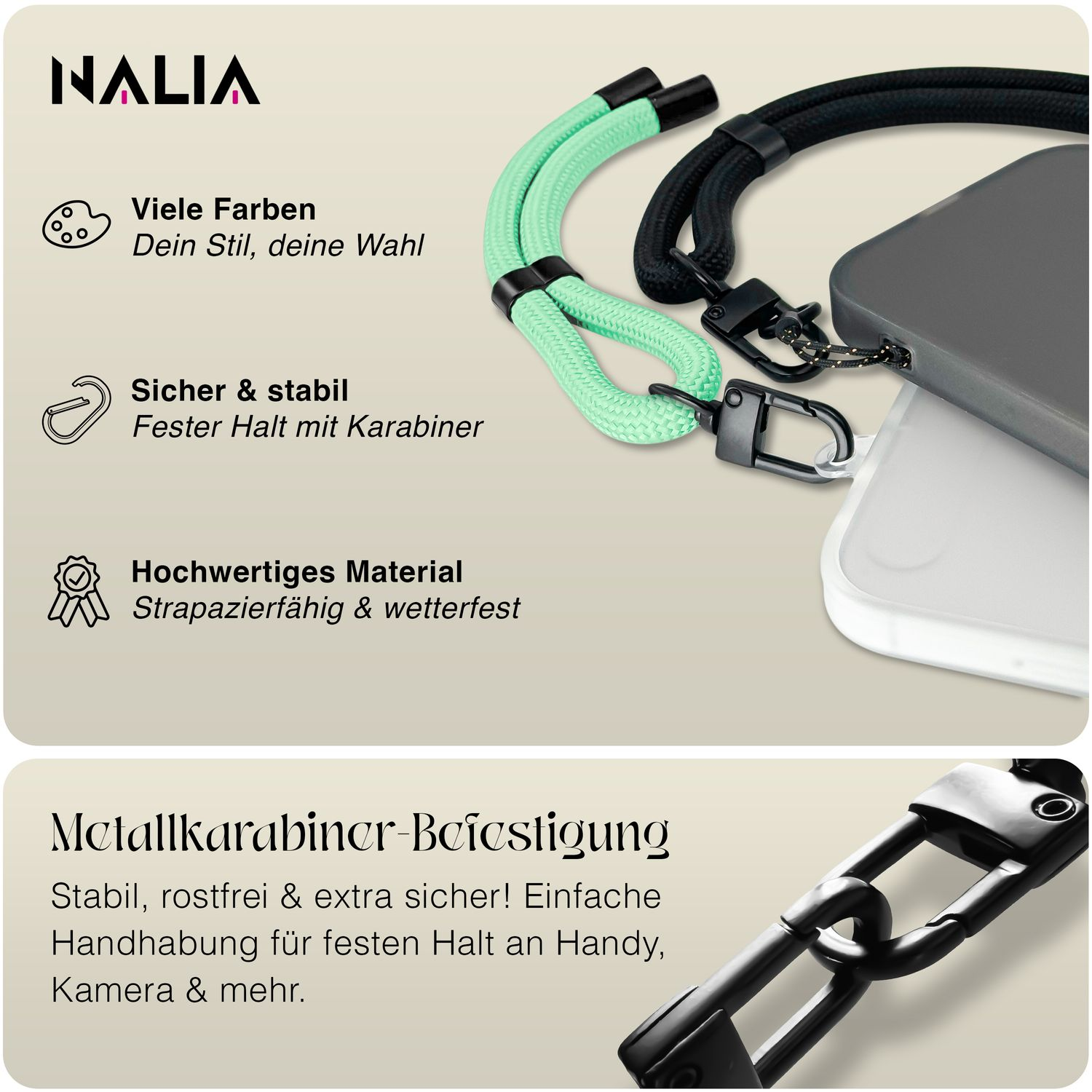 Produktbilder von Telefon, Lanyard und Text: 'Sicher & stabil', 'Hochwertig'.