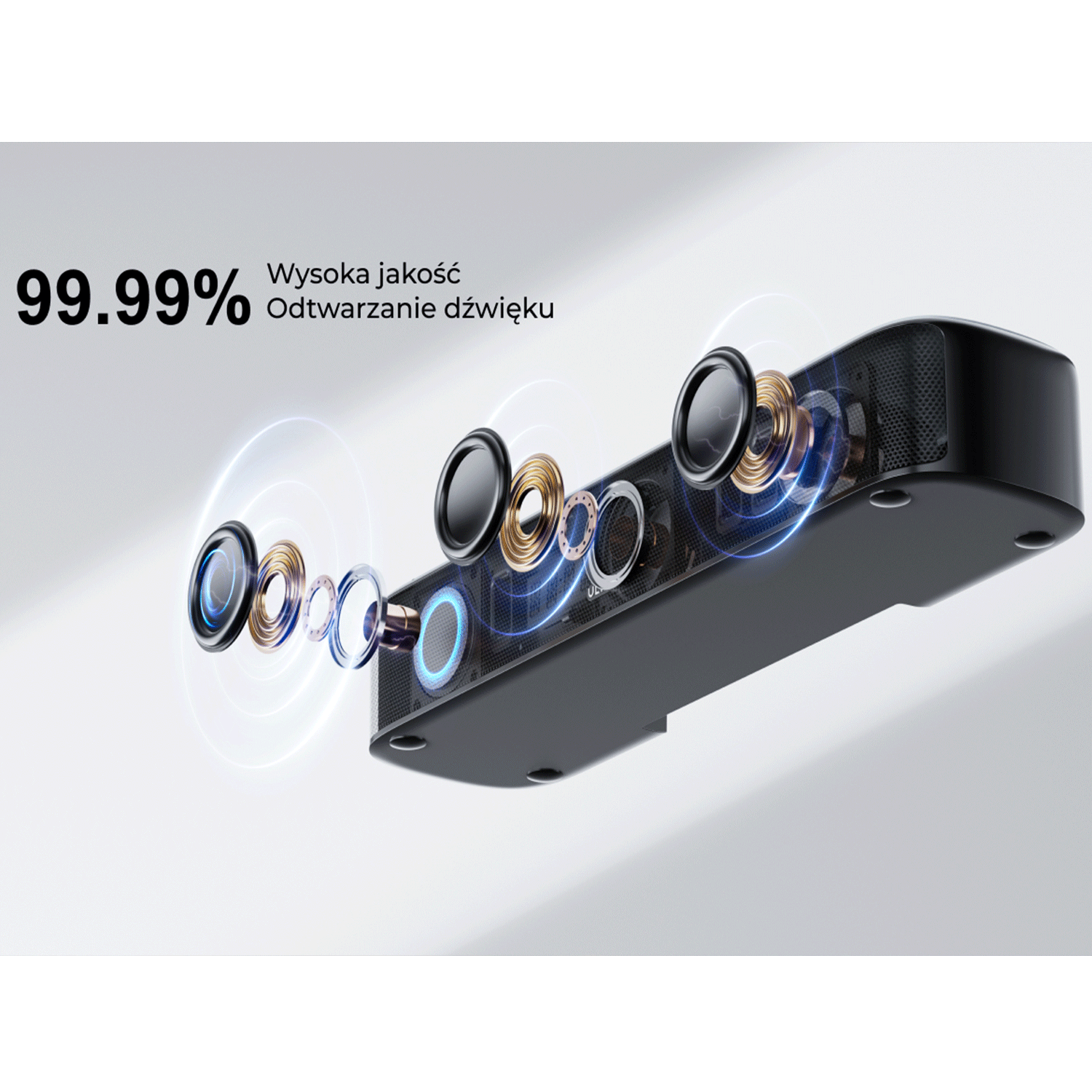 Czarny soundbar z głośnikami, wyświetlaczem cyfrowym i tekstem jakości dźwięku 99,99%.