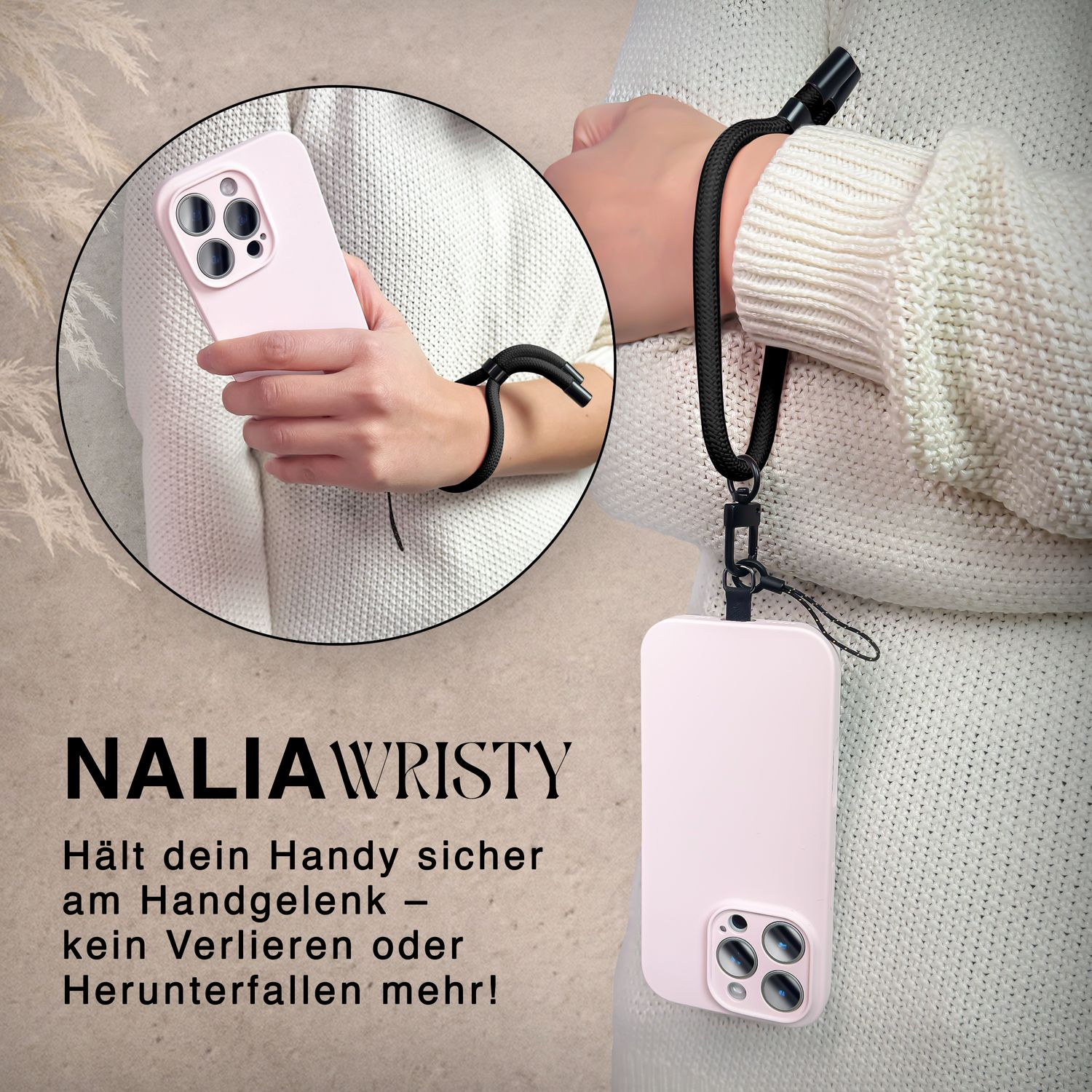 Eine Person hält ein rosa Telefon mit Handschlaufe. Text: NALIAWRISTY, sichere dein Handy.