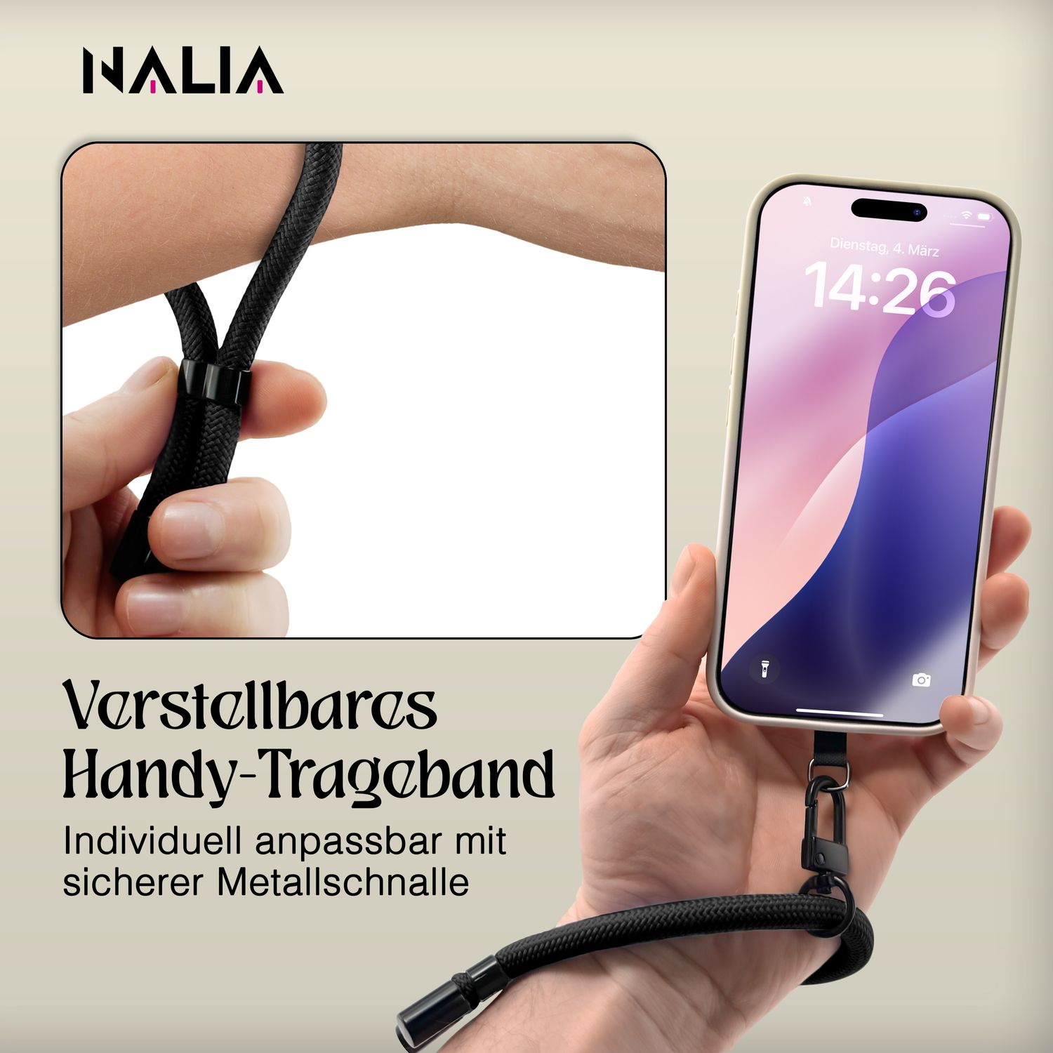 Hand hält Telefon mit schwarzem Band. Auf dem Telefon ist die Uhrzeit und das Datum zu sehen.