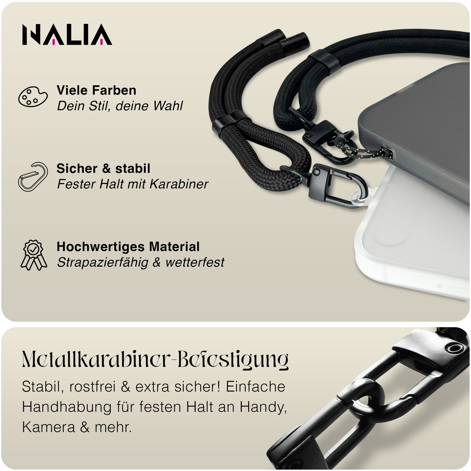 Bild zeigt ein Telefon mit Band und Text, der die Eigenschaften und Vorteile beschreibt.