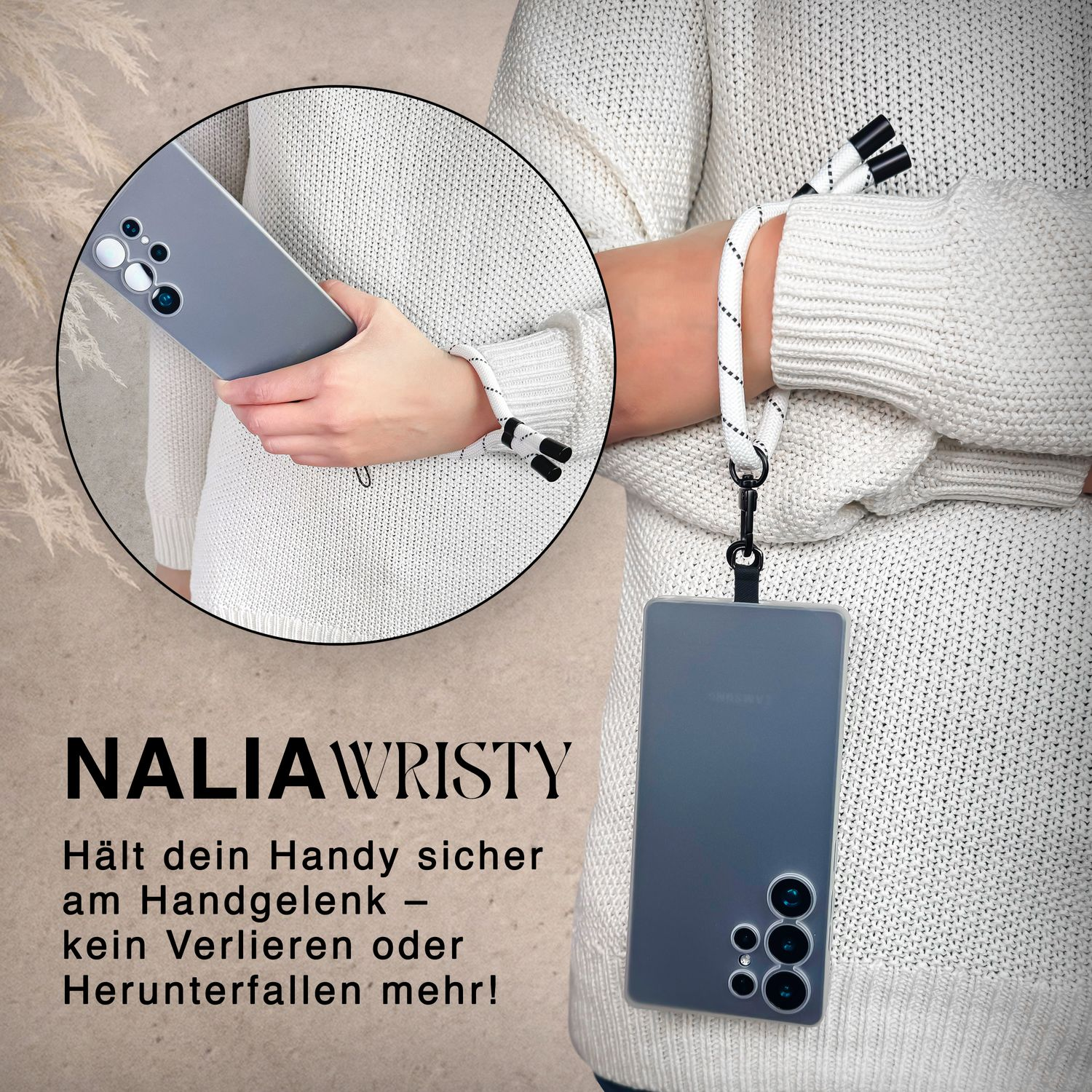Person hält graues Telefon mit Handschlaufe, die schwarz-weiß ist.