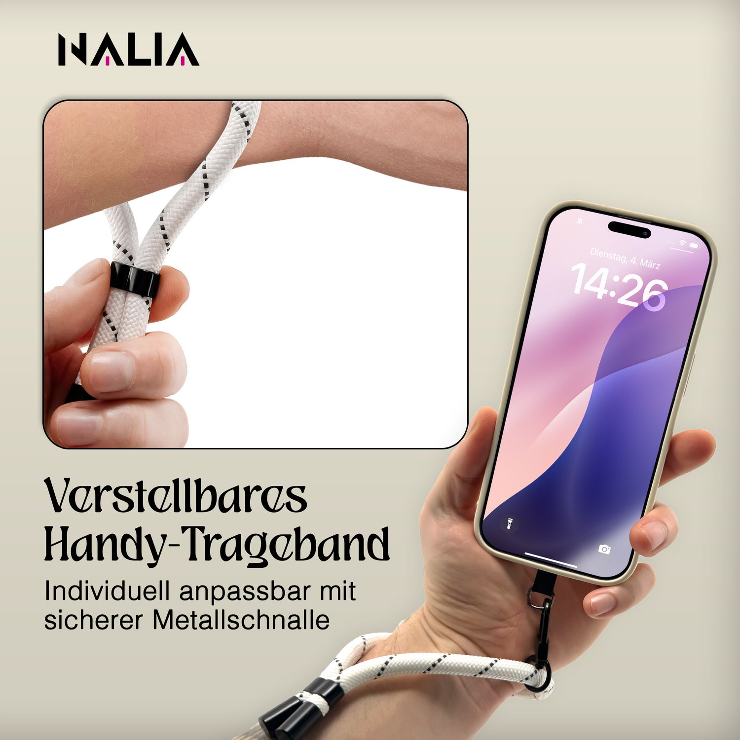 Hand hält Telefon mit weiß-schwarzem Band. Text über verstellbares Handy-Trageband.