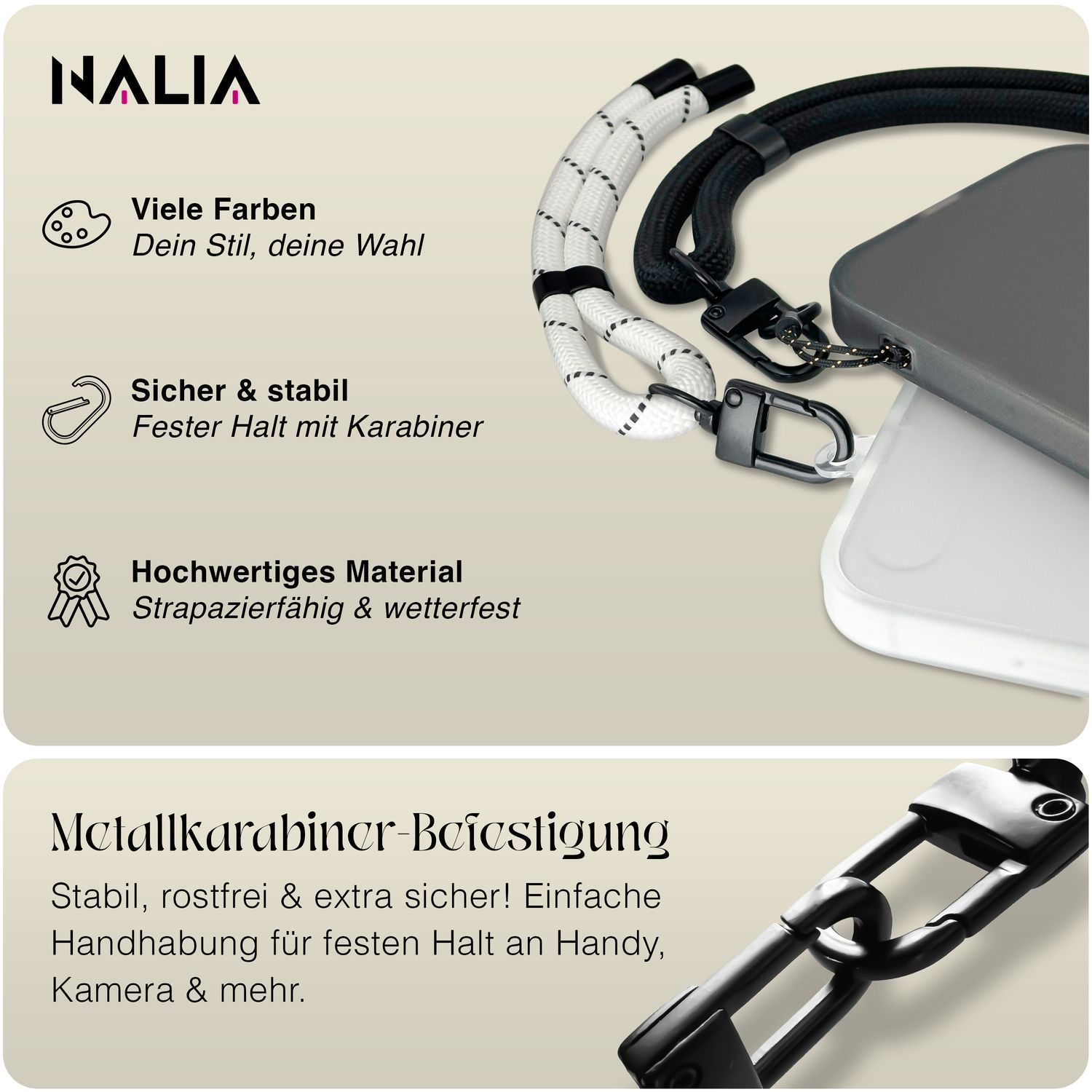 Bild zeigt Telefon mit Band und Text, der die Eigenschaften und Vorteile beschreibt.