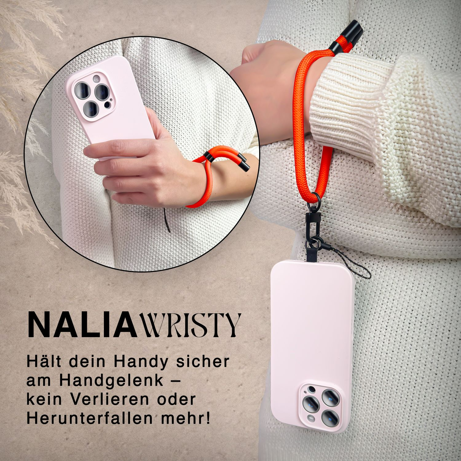 Person hält orangefarbenes Telefon mit Handschlaufe. Schlaufe ist am Telefon und Handgelenk befestigt.