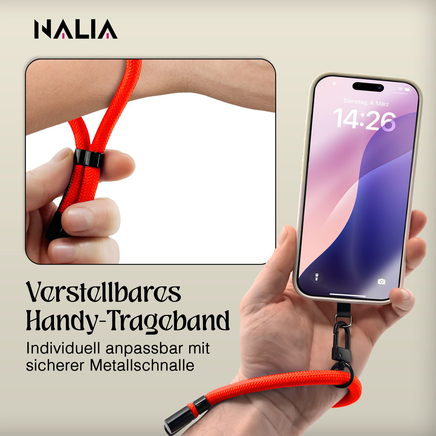 Eine Person hält ein rotes Telefon-Lanyard, ein Telefon in der Hand, das die Uhrzeit zeigt, und einen schwarzen Clip am Lanyard.