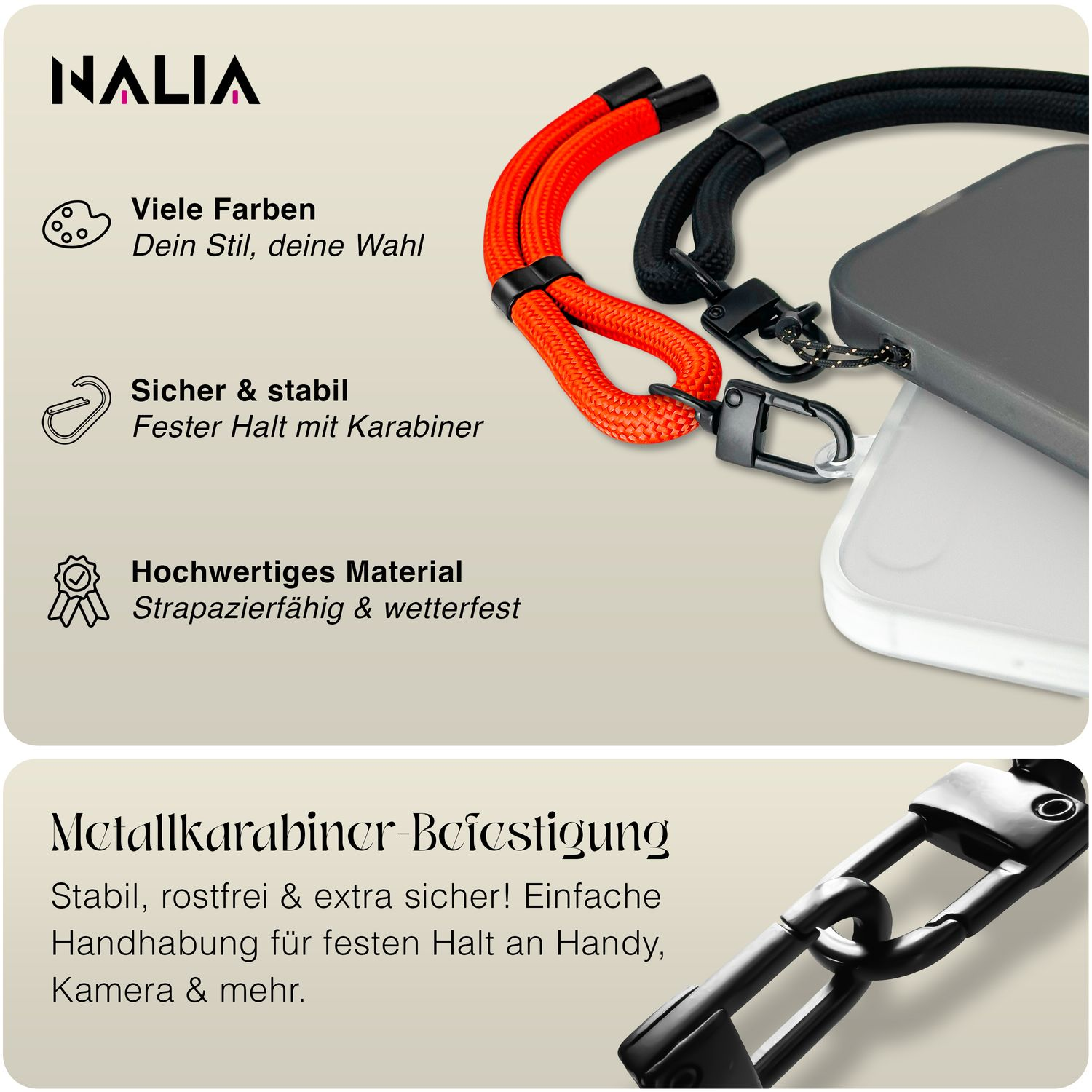 Ein Bild von Telefon-Lanyards in verschiedenen Farben mit Details zum Produkt.