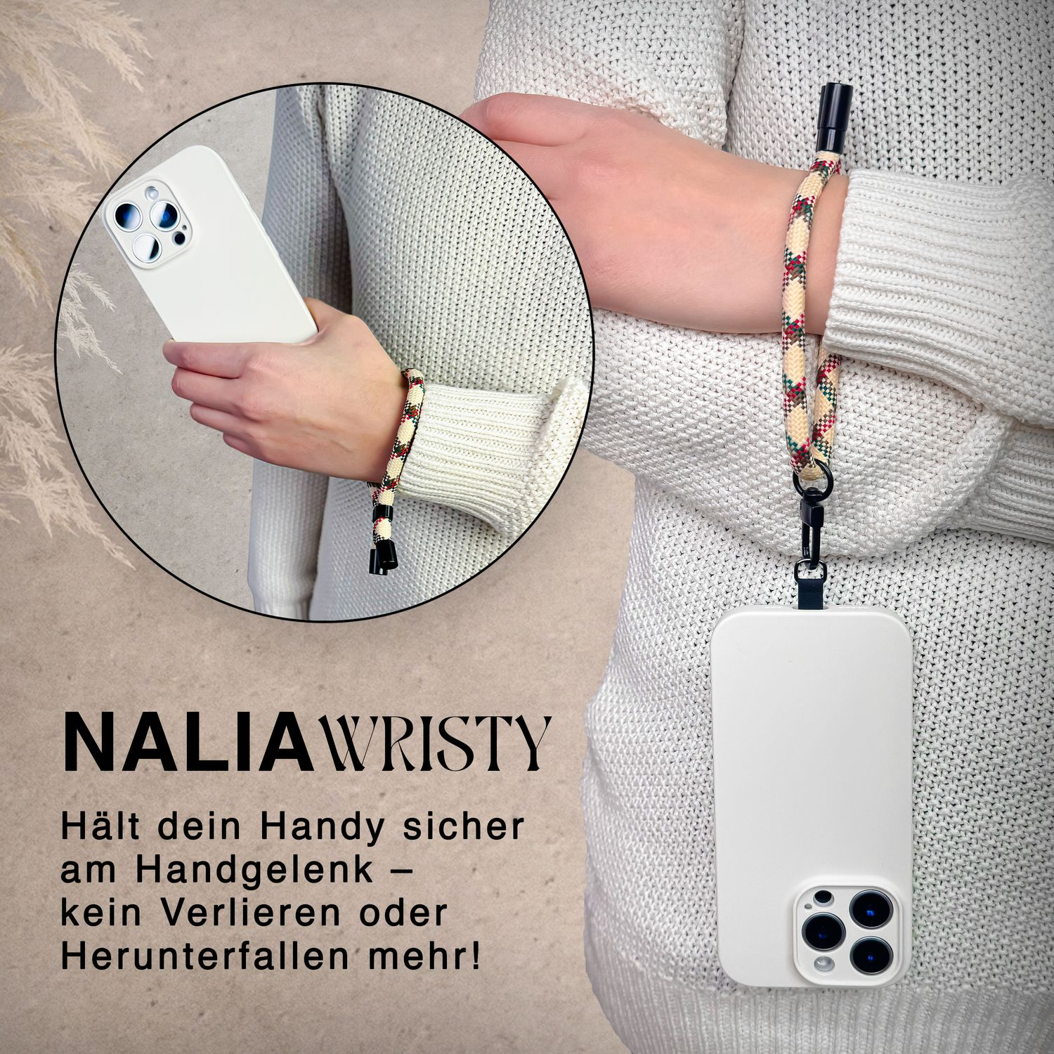 Eine Person hält ein weißes Telefon mit einer Handschlaufe, Telefon und Schlaufe sind im Fokus.