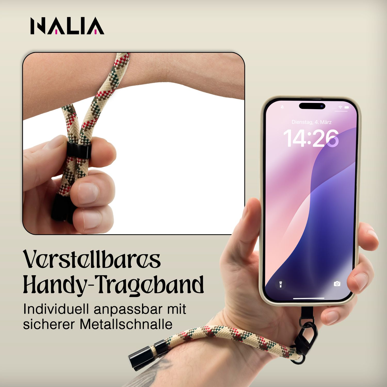 Eine Person hält ein Telefon mit einem gemusterten Lanyard und zeigt die Uhrzeit an.