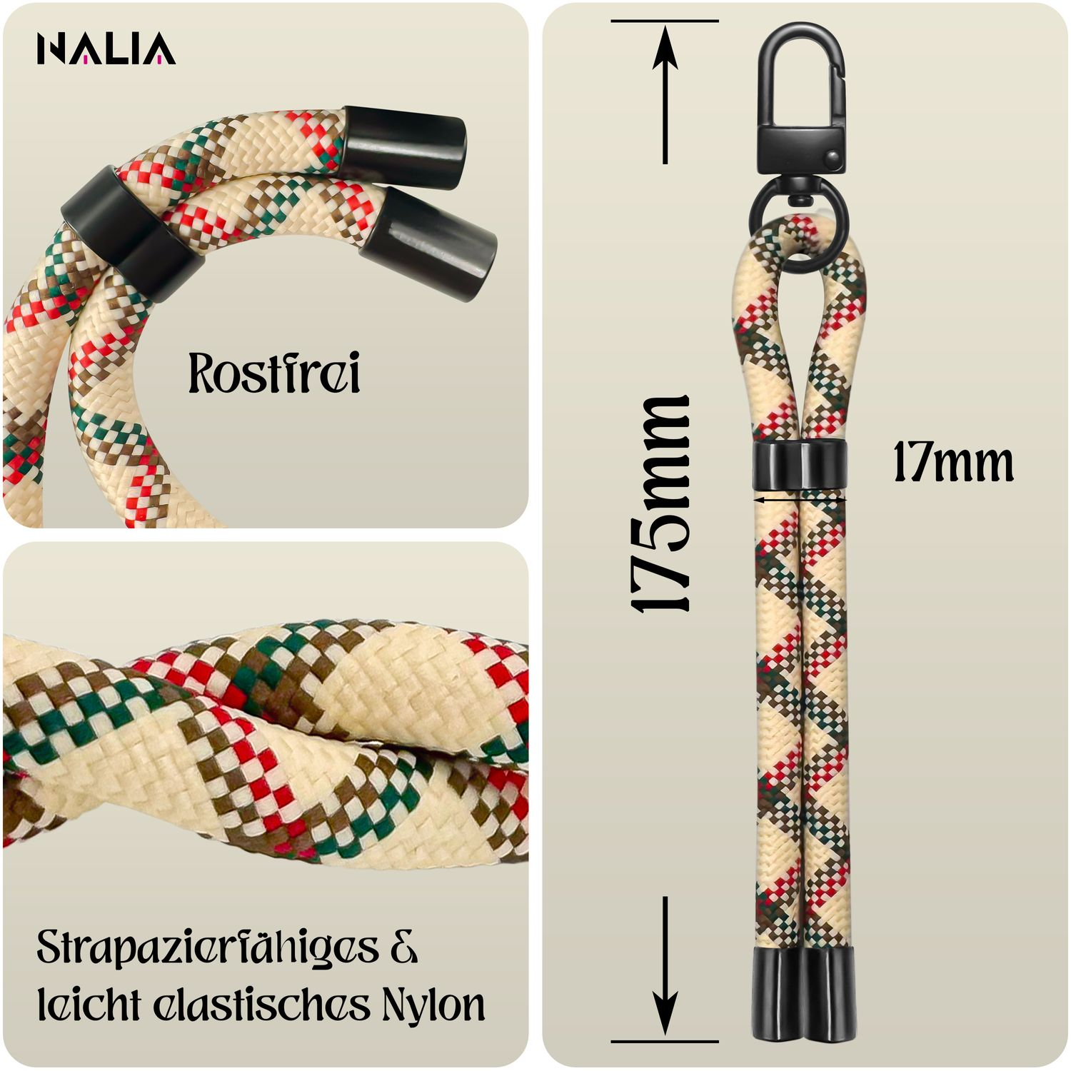 Nahaufnahme eines Telefon-Lanyards mit schwarzem Clip und cremefarbenem, roten und grünen Seil.