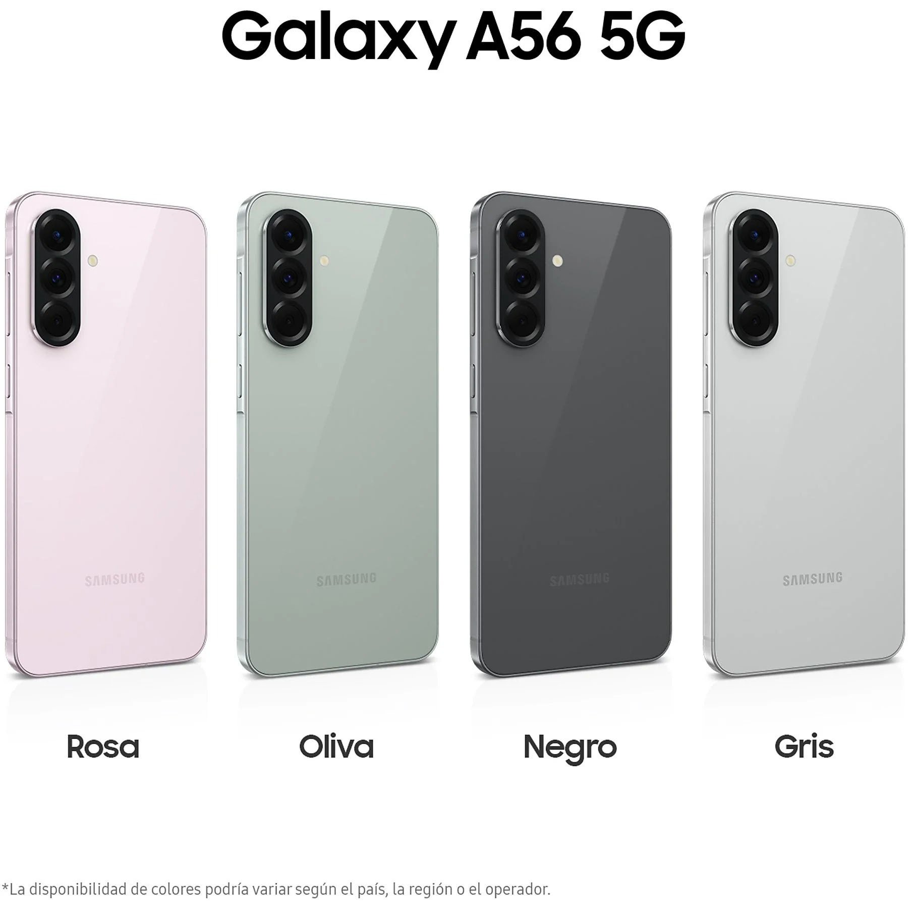 Teléfonos Samsung Galaxy A56 5G en colores Rosa, Oliva, Negro y Gris, vista lateral.
