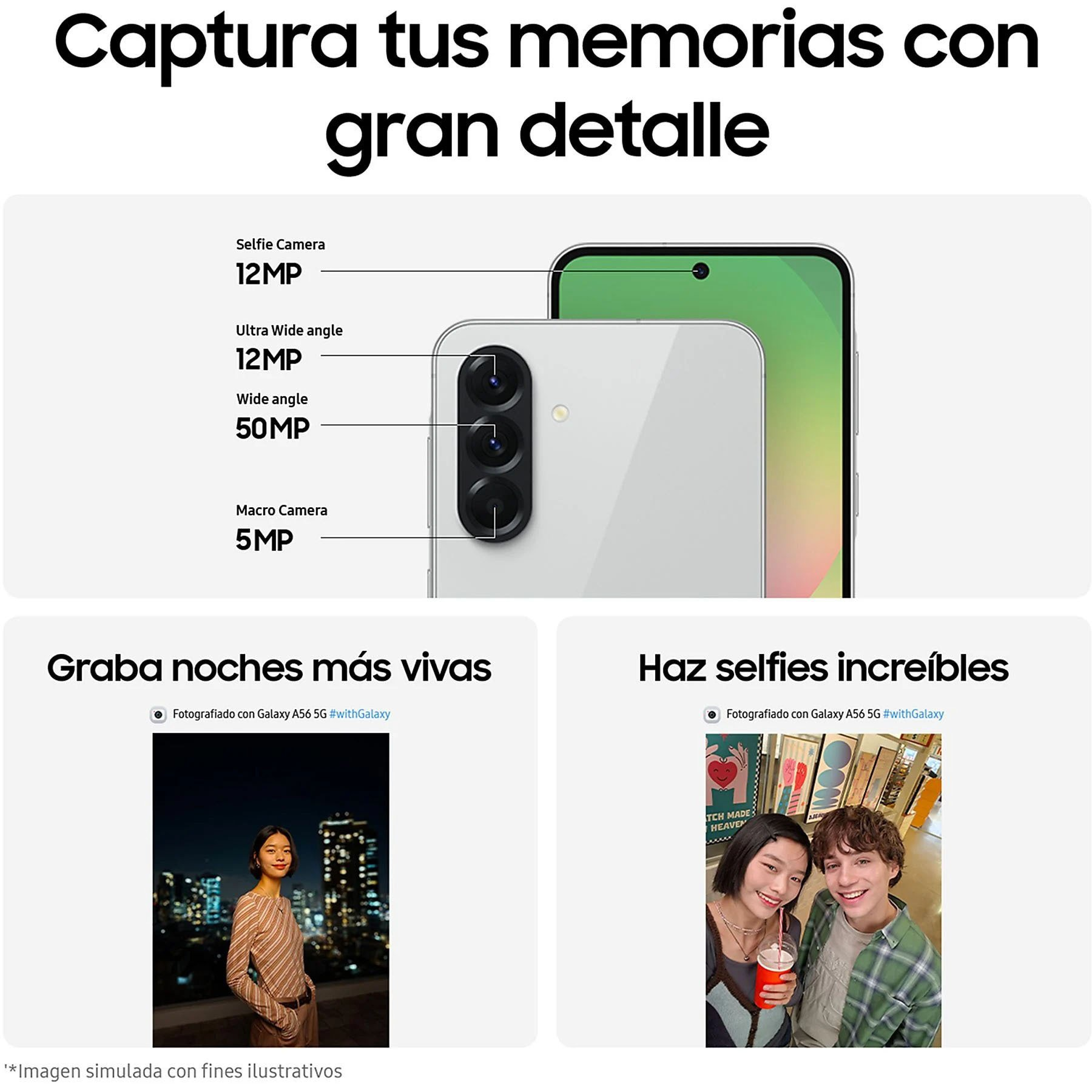 Un teléfono blanco mostrando especificaciones de cámara: 12MP selfie, 12MP ultra gran angular, 50MP gran angular y 5MP macro.