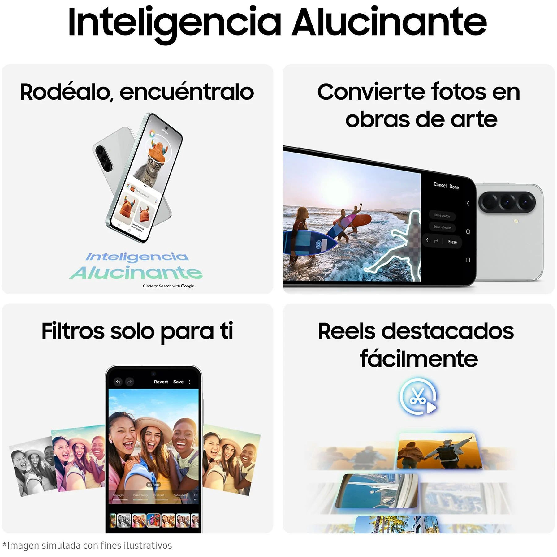 Cuatro imágenes que muestran funciones del teléfono, incluyendo un teléfono con gato, edición de fotos y filtros.