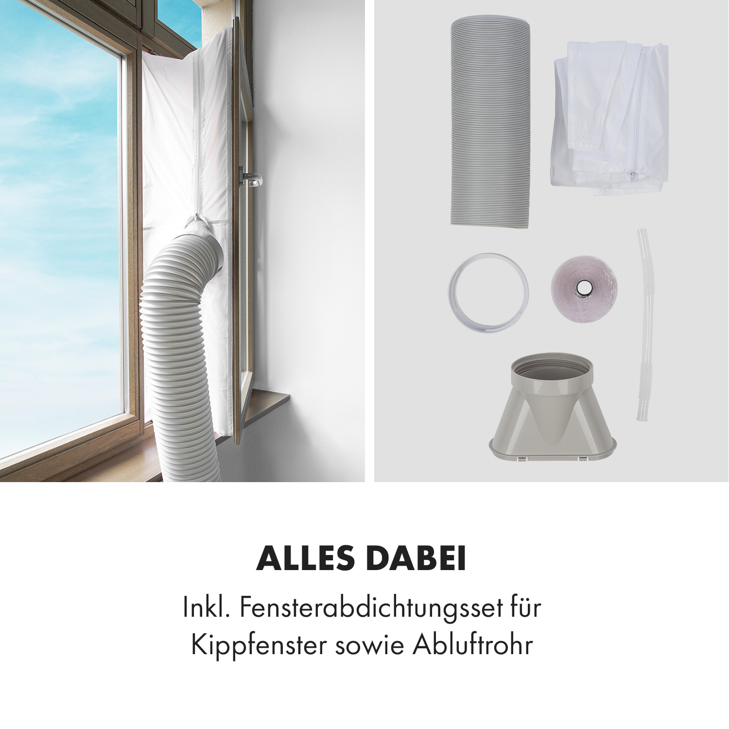 Fensterklimaanlagen-Teile, einschließlich Schlauch, Fensterdichtung und anderes Zubehör, werden gezeigt.