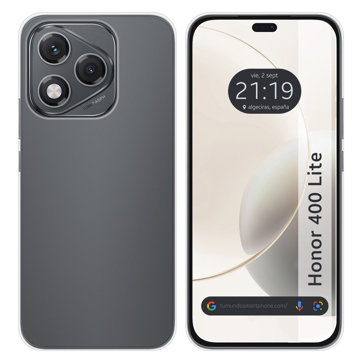 Telefono con retro grigio scuro e schermo che mostra ora e posizione.