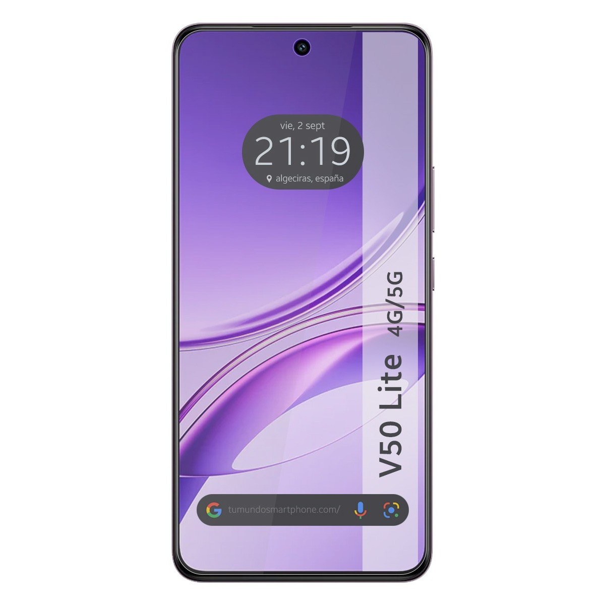 Un telefono che mostra l'ora e un design a onda viola. Il testo 'V50 Lite 4G/5G' è visibile.