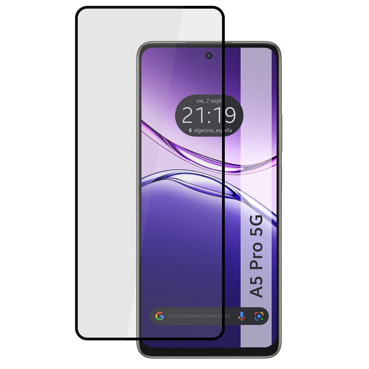 Un telefono con protezione schermo. Lo schermo mostra l'ora e un design a onda viola.