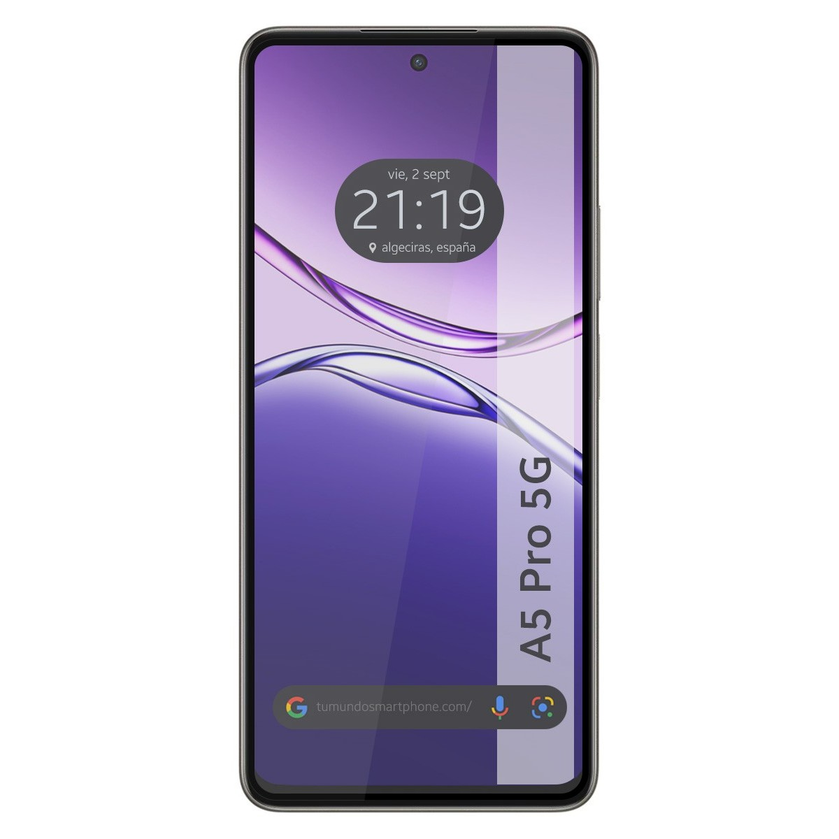 Un telefono che mostra l'ora e un design a onda viola. Il testo 'A5 Pro 5G' è visibile.