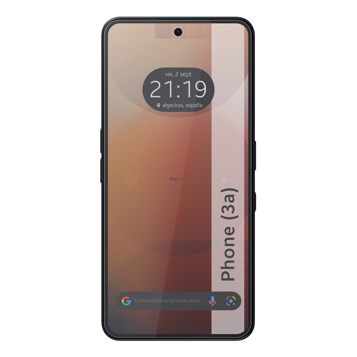 Un telefono che mostra l'ora e un design marrone rossiccio. Il telefono è un Phone (3a).