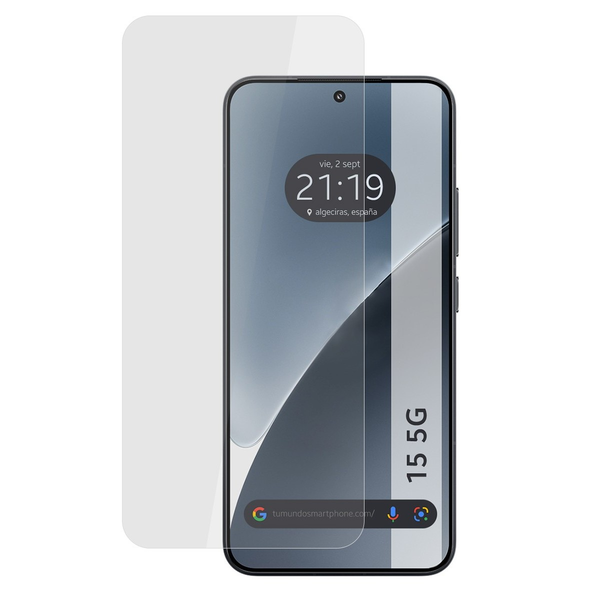 Un protector de pantalla y un smartphone que muestra la hora, la ciudad y el logotipo. El teléfono dice 15 5G.