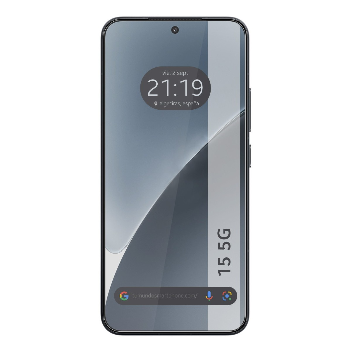 Pantalla de teléfono. La pantalla muestra fecha, hora y ubicación. El teléfono es 5G.