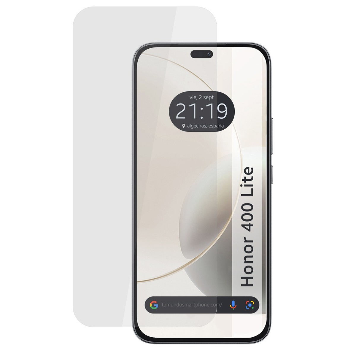 Un proteggi schermo e uno smartphone che mostra ora, città e logo. Il telefono dice Honor 40 Lite.
