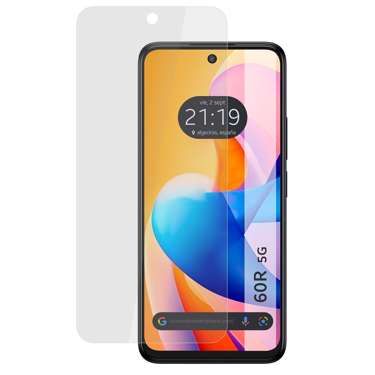 Telefono con protezione schermo, che mostra ora e data.