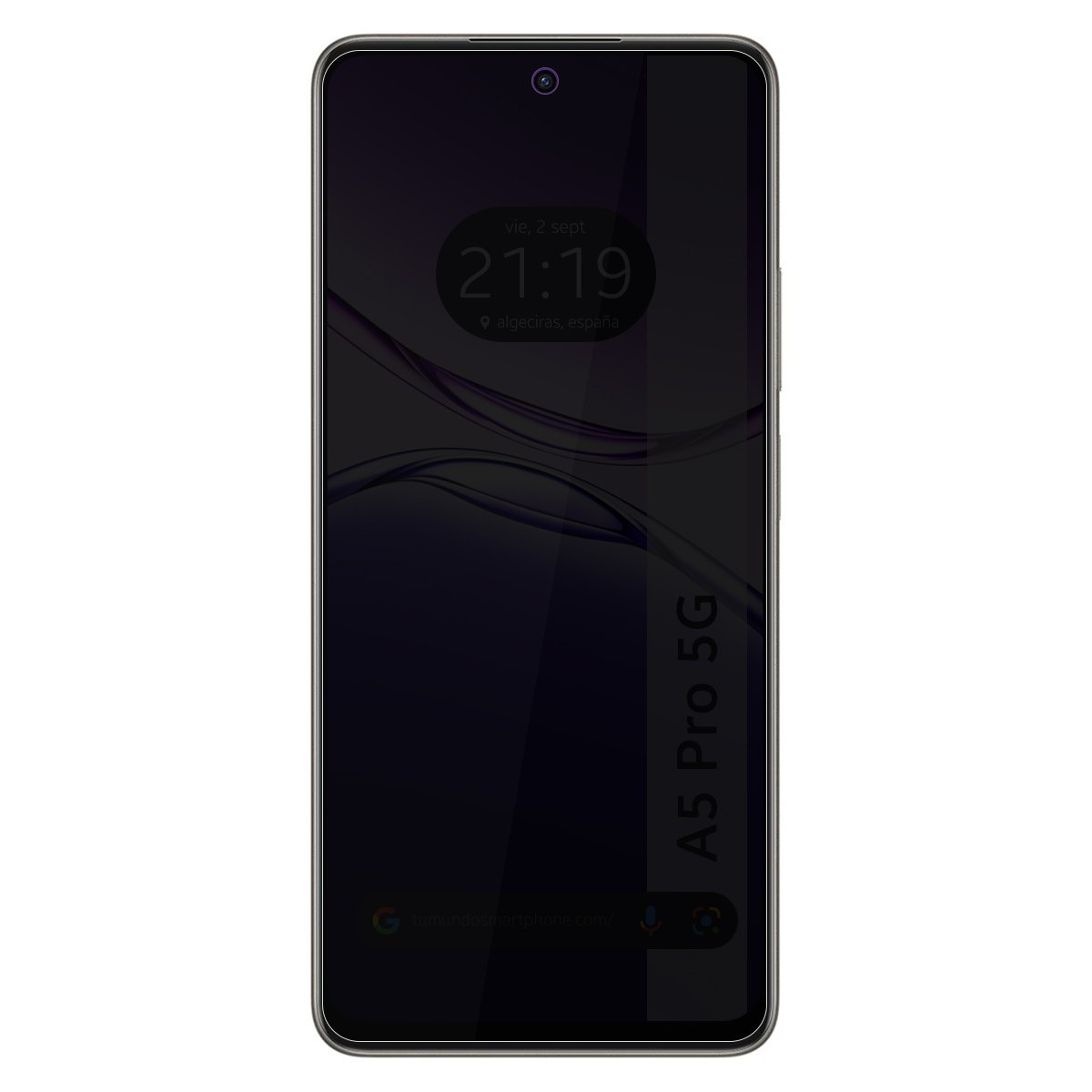 Smartphone con protezione privacy. Lo schermo mostra colore grigio scuro e ora.