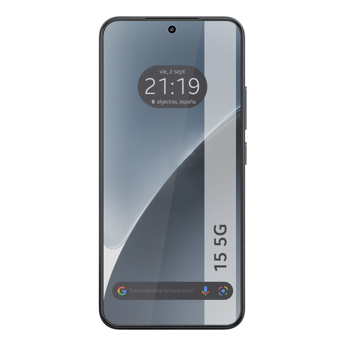Smartphone con protezione schermo. Lo schermo mostra orologio e icone. Il telefono è grigio.