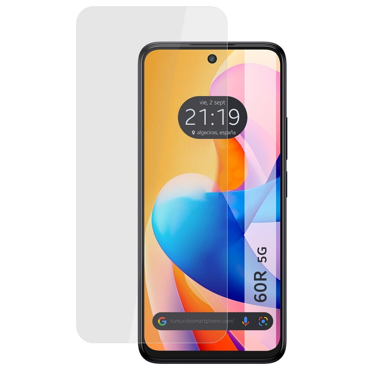 Telefono con protezione schermo, che mostra data, ora e icone delle app. Il telefono ha una sfumatura e dice 60R 5G.